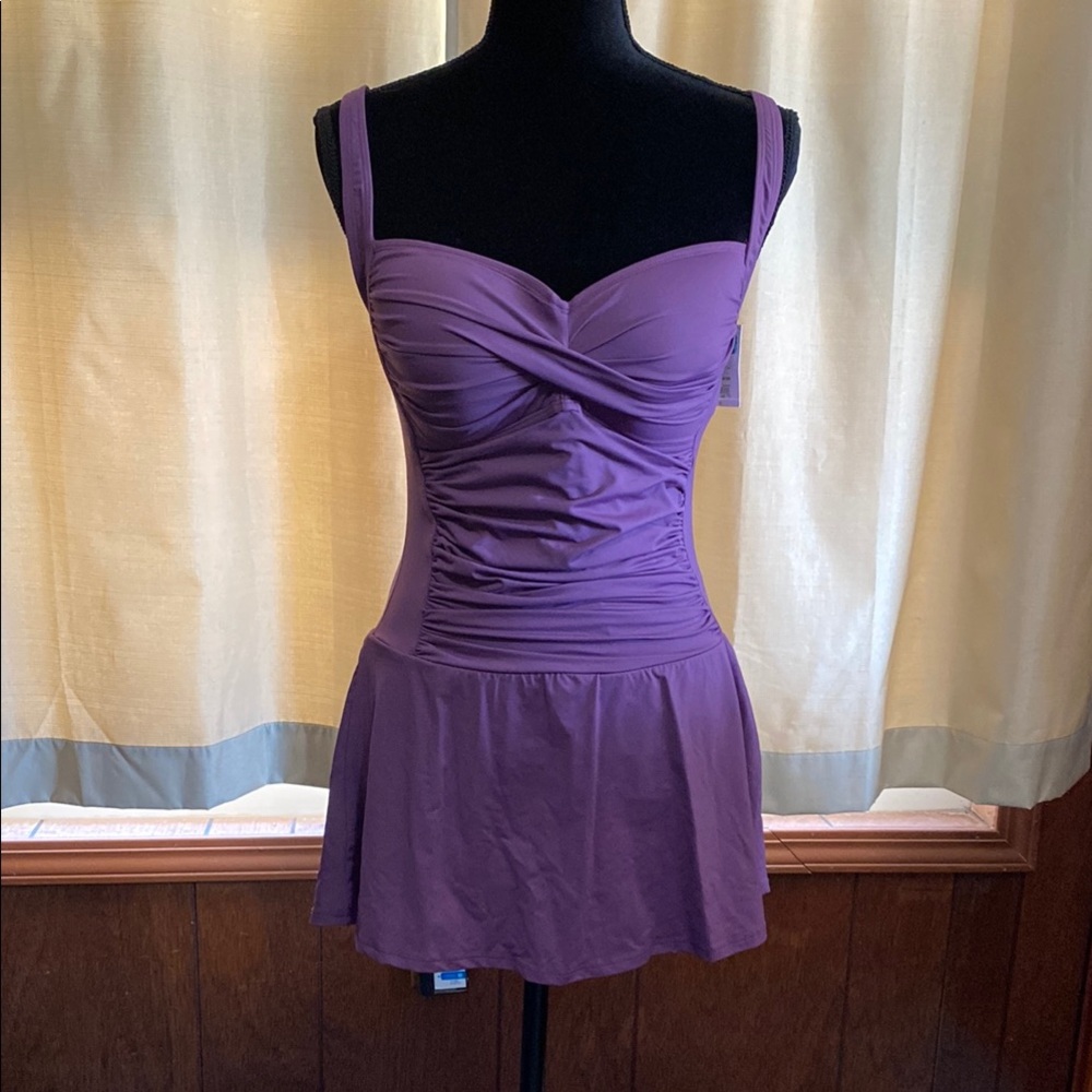 Purple Ruched Swimsuit Dress